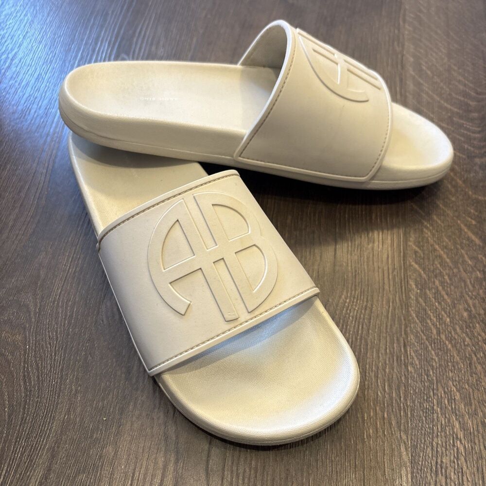 Anine Bing Isla Slides Sandals Sand Cream Monogram Size EU 40 / US 10 Rubber